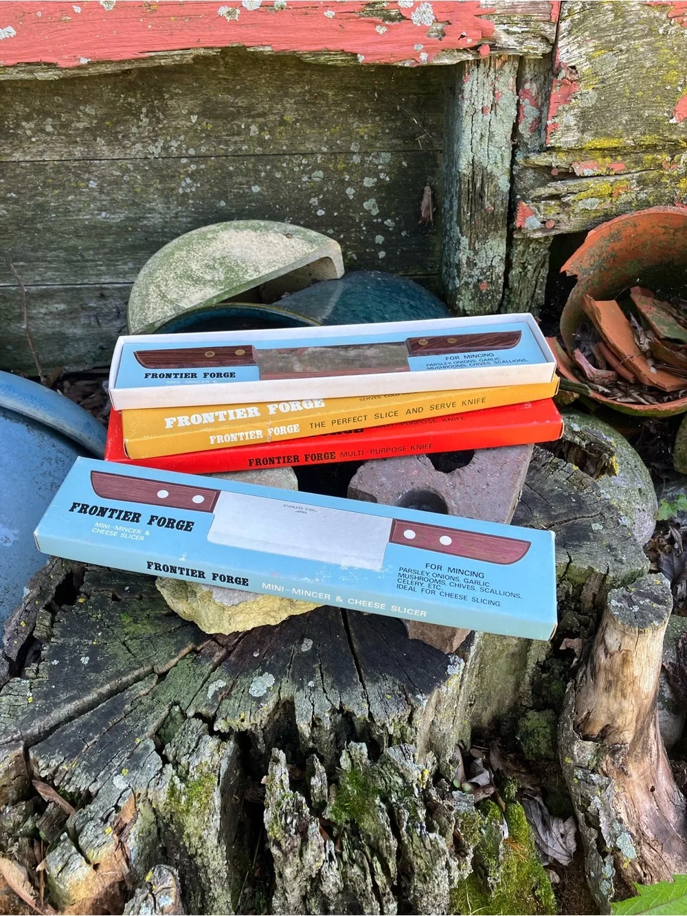 Vintage Frontier Forge Japan Knife Set of 3 in Boxes Mincer Cheese Multi-Purpose